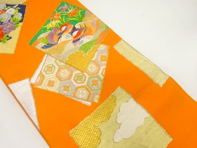 JAPANESE KIMONO / ANTIQUE FUKURO OBI / SILK / WOVEN SHIKISHI & MANDARIN DUCKS & FLOWERS